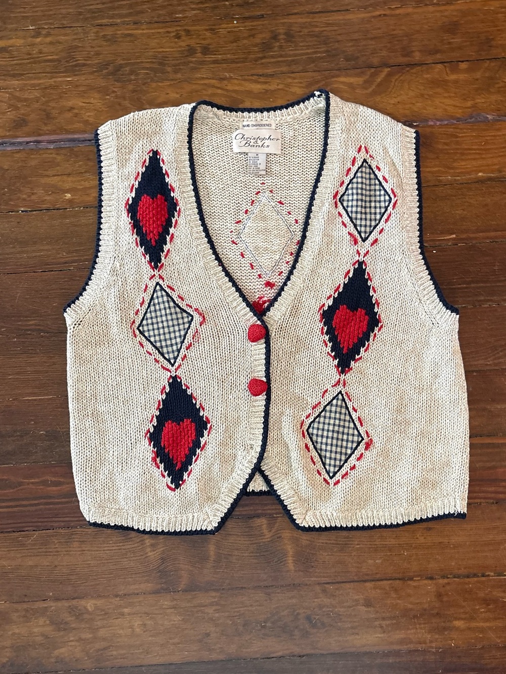 Christopher and Banks vintage cream red heart embroidered sweater vest size M